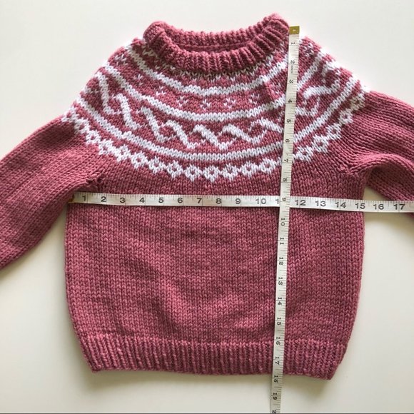Girls Hand Knit Dusty Rose White Fairisle Sweater - Picture 7 of 7
